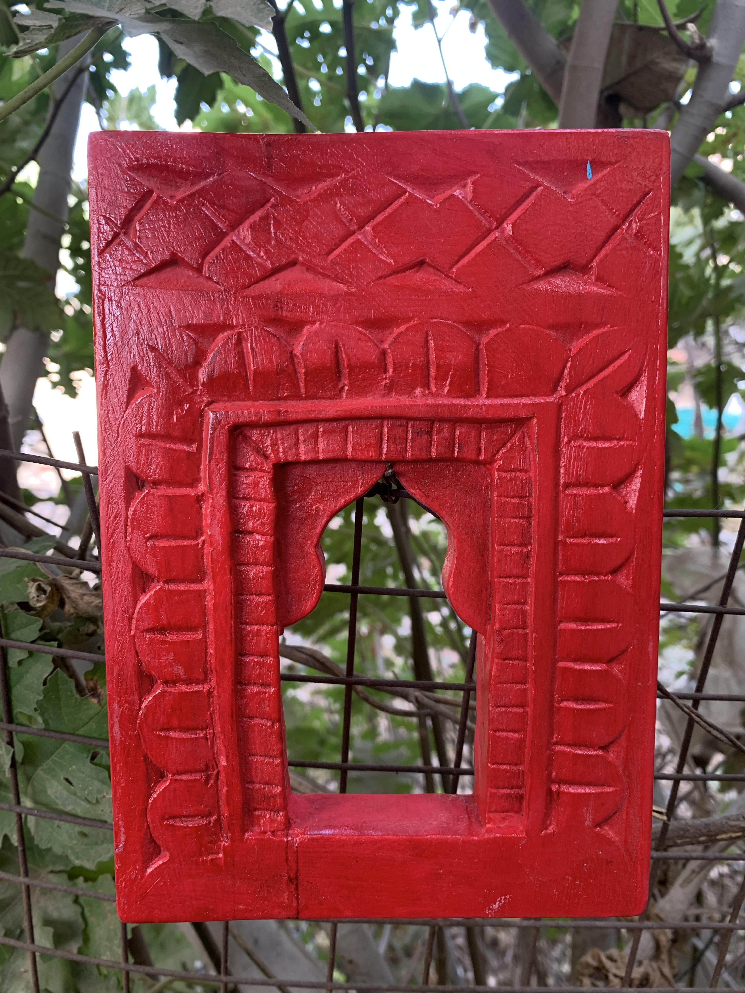 Traditional Indian Red Jharokha Wooden Frame for Wall Decoration Window 8  x 5.5  x 1   (h x l x w) approx.