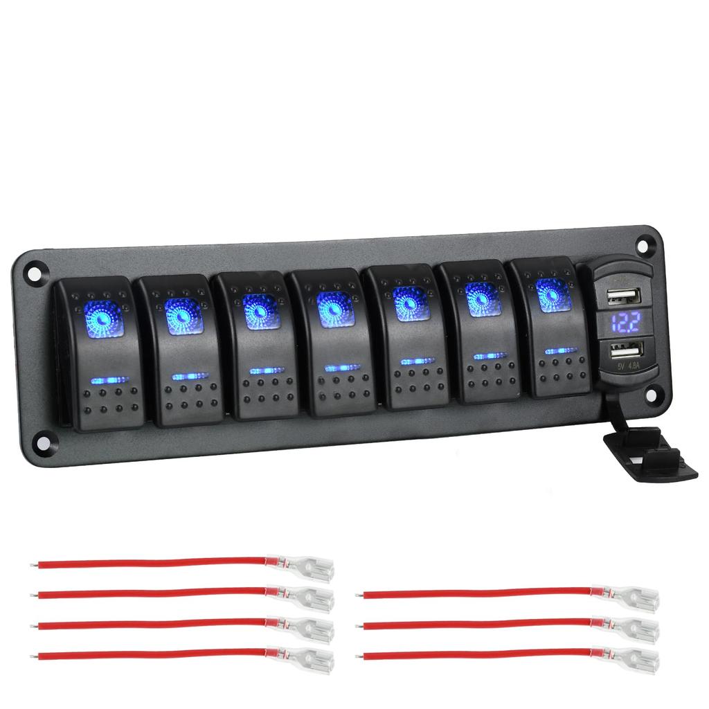 Chaoxinyizu Waterproof Boat Switch Panel with LED Dual USB for Cars and Ships Voltmeter, Sockets, DC12-24V, 7-Port,