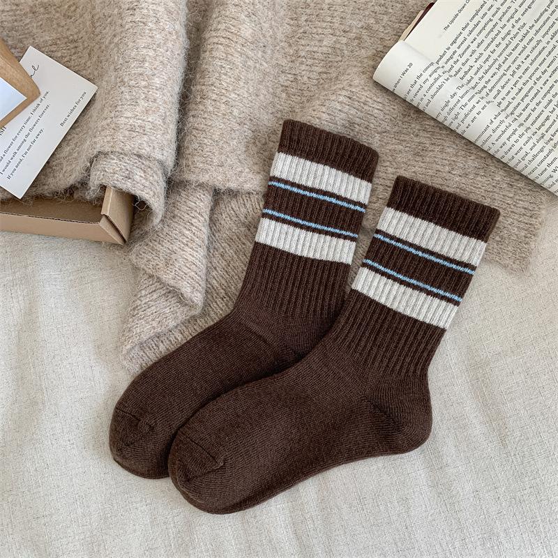 Striped Patchwork Wool Pile Socks, Dark Grey Socks, Women's Autumn and Winter Thickened Cashmere Mid-calf Socks