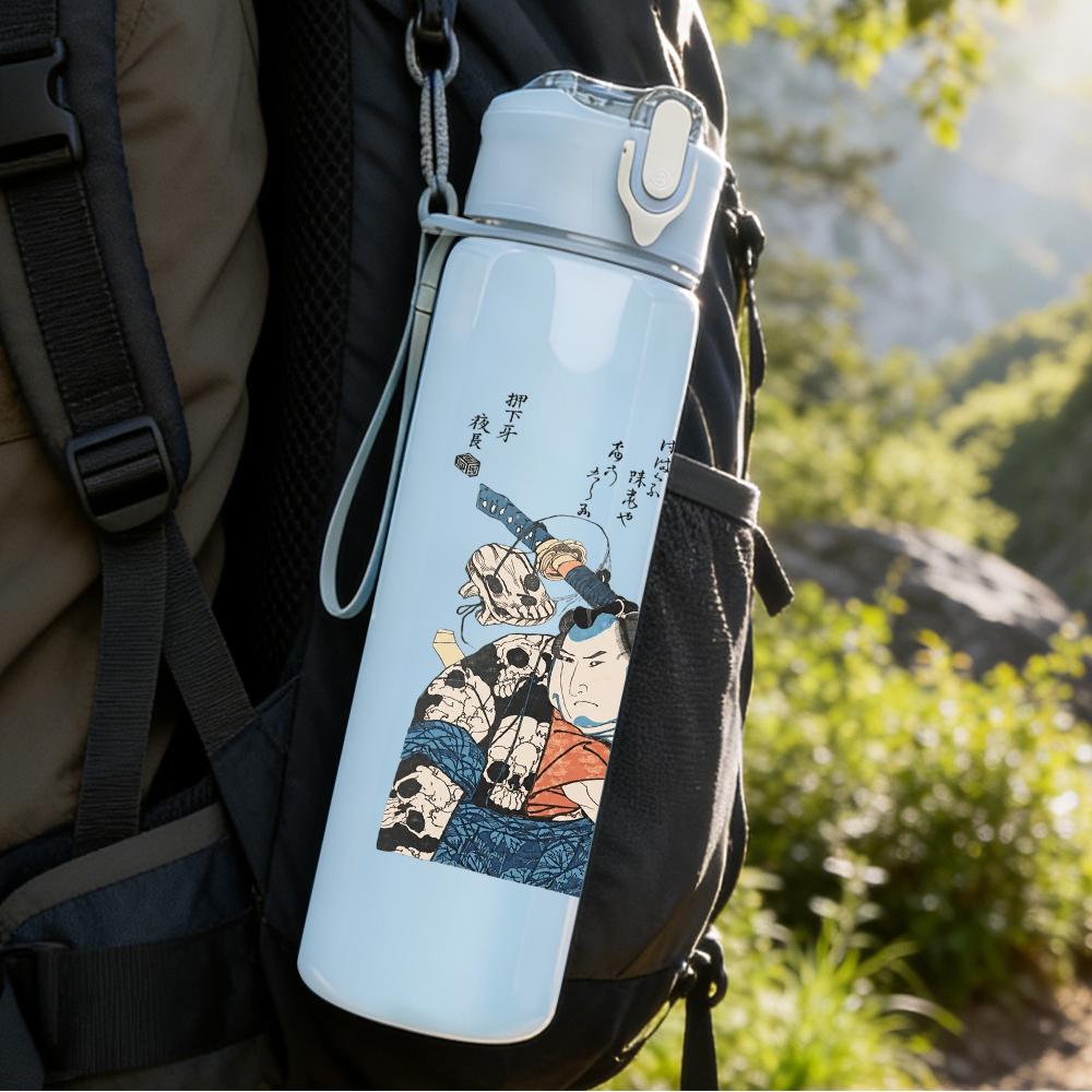1PC Blank pale white off-white sketch print 750ml colorful plastic sports water bottle leakproof pop up lid with straw for outdoor work home use