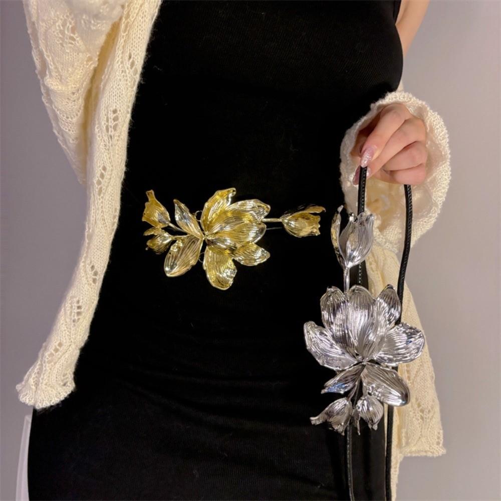 Adjustable Metal Flower Waist Chain Vintage Exaggerated Belt Versatile Golden Tulip Belt  Gift