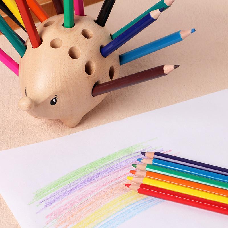 Wooden Hedgehog Stationery Organizer With 24 Pencils For Student Desk And Creative Decor