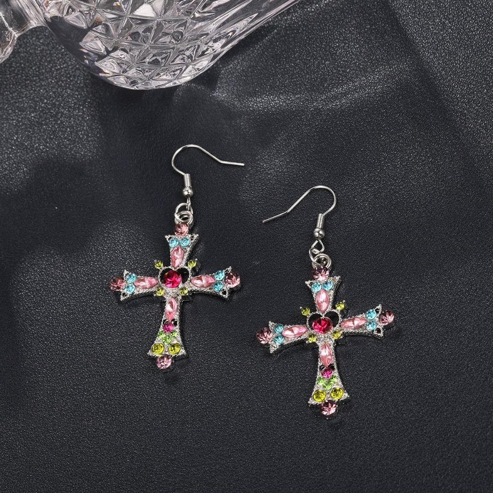 Trendy Personality Colorful Rhinestone Cross Hollowed-out Heart Pendant Necklace Earrings for Women Men Y2k Jewelry Accessories