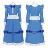 Maid Dress Blue And White Ruffled Bow Long Lolita Dress Red Double Ponytail Curly Wig Cosplay Halloween-themed Party Costume