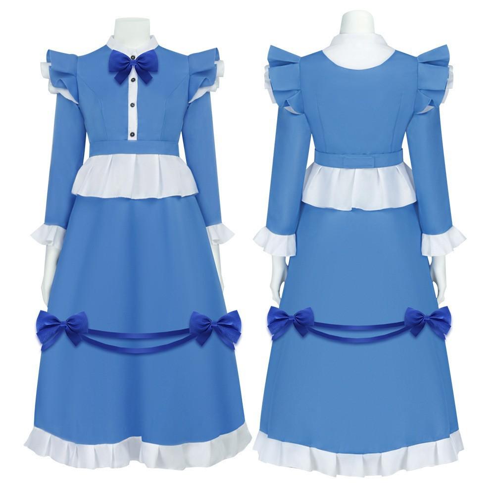 Maid Dress Blue And White Ruffled Bow Long Lolita Dress Red Double Ponytail Curly Wig Cosplay Halloween-themed Party Costume