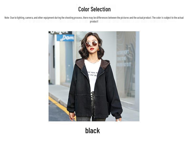 Damska kurtka dżinsowa z kapturem w koreańskim stylu, luźny krój, haftowany miś, blok kolorów