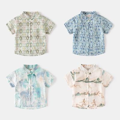 Boys' National Style Short-sleeved Shirt 2025 Summer New Children's Clothing Baby Stand-up Collar Shirt Printed Top
