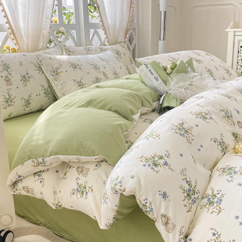 Class A Maternal Infant Grade Small Fresh Super Soft Bubble Cotton 4-Pcs Set Washed Cotton Quilt Cover Dormitory 3-Pcs Set Bed Hat