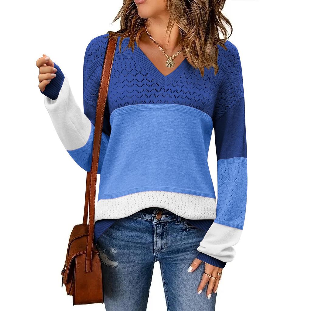 Women's Loose Knitted Sweater With V-Neck Hollowed Out Pullover Long Sleeved Color Blocked Top