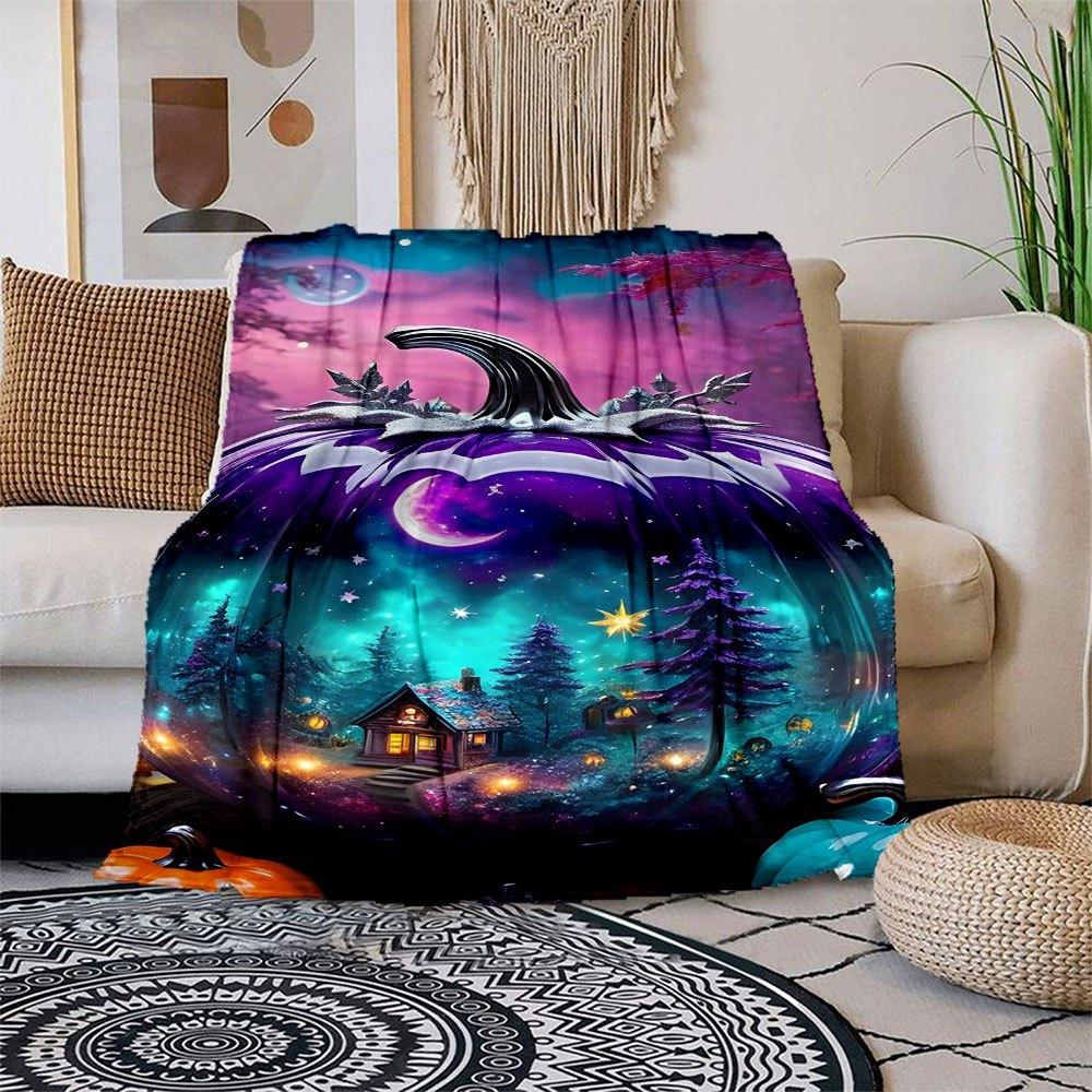 Enchanted Pumpkin Night Scene Wall Art Print Blanket Flannel Throw Blanket for Sofa, Bed, Travel, Camping, Office 100x150cm