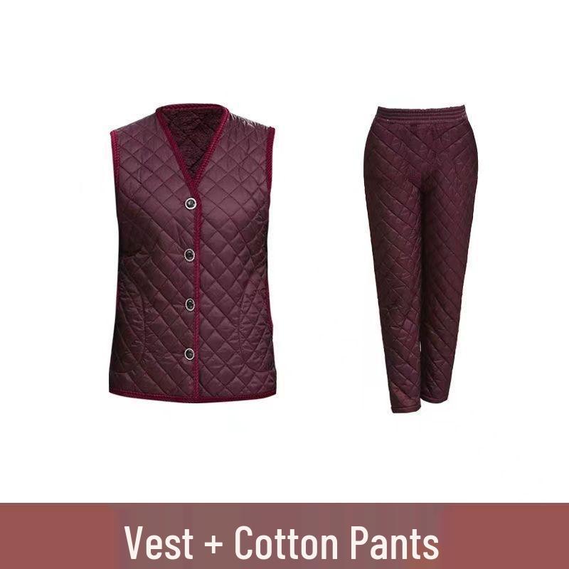 Warm Winter Three-Piece Set for Elderly Women: Fleece-Lined Cotton Coat and Pants