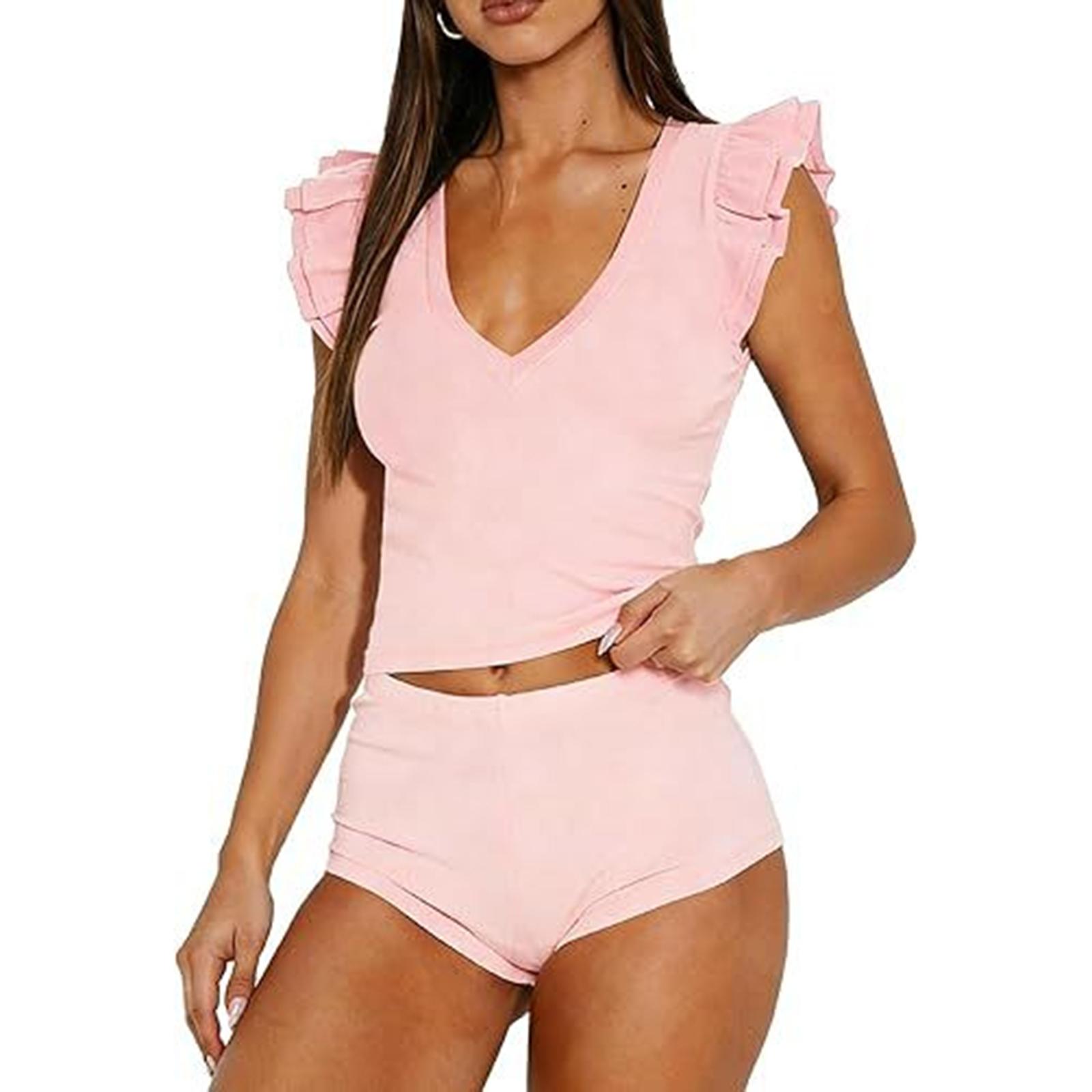 

Women s Sleeveless Knit Vest Top and Shorts Set V Neck Ruffle Shoulder Detail Casual Two Piece Outfit Summer Wear L розовый