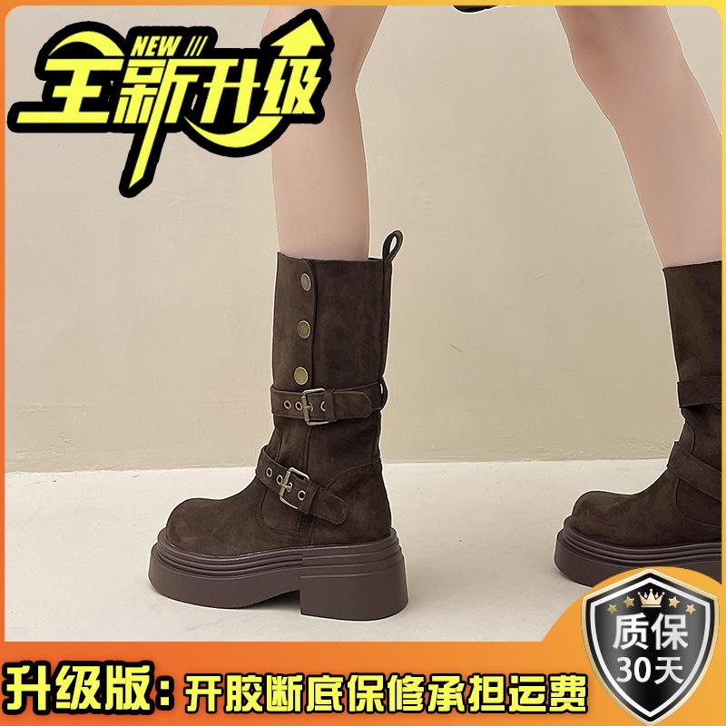 Retro two-wear locomotive boots for women's autumn and winter new belt buckle heightened small thick heel thick-soled Martin short boots