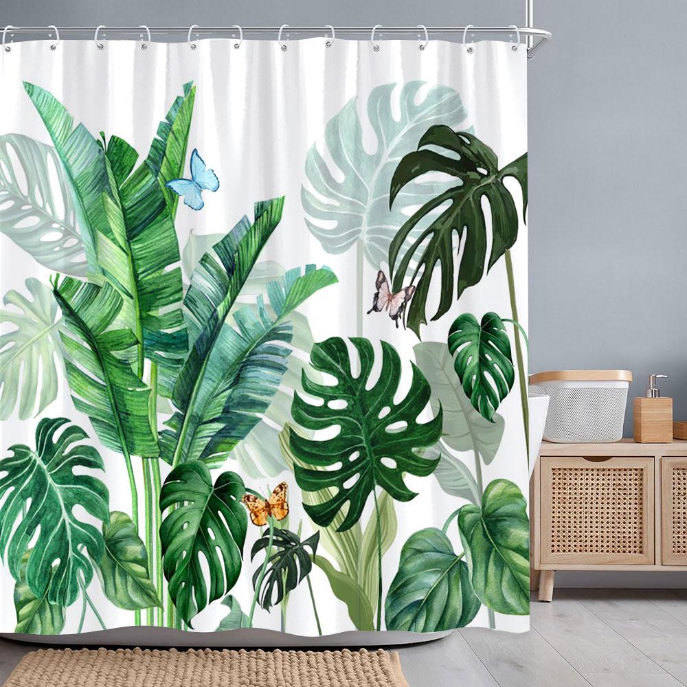 Tropical Botanical Flower Shower Curtain Beige Green Palm Leaf Flower Scandinavian Decor Bathroom Polyester Shower Curtains Set