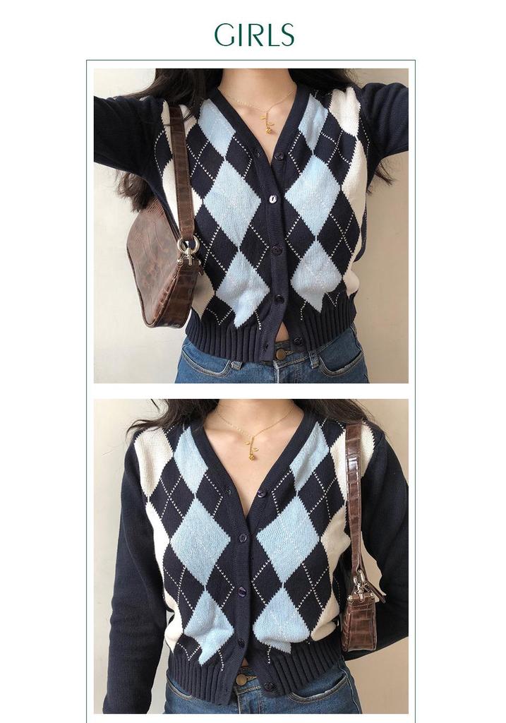 2024 Autumn Women's American Retro V-neck Diamond Pattern Cropped Knit Cardigan