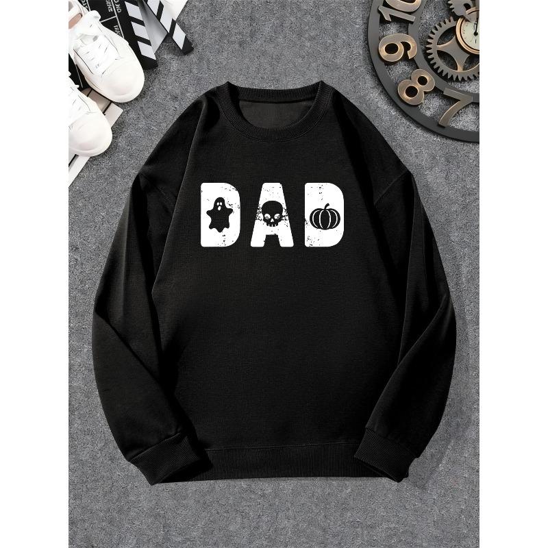 Men's Casual Crewneck Sweatshirt with "DAD" Print Featuring, Skull, and Pumpkin Design 100% Cotton Printed Long-Sleeve Crew Neck Pullover