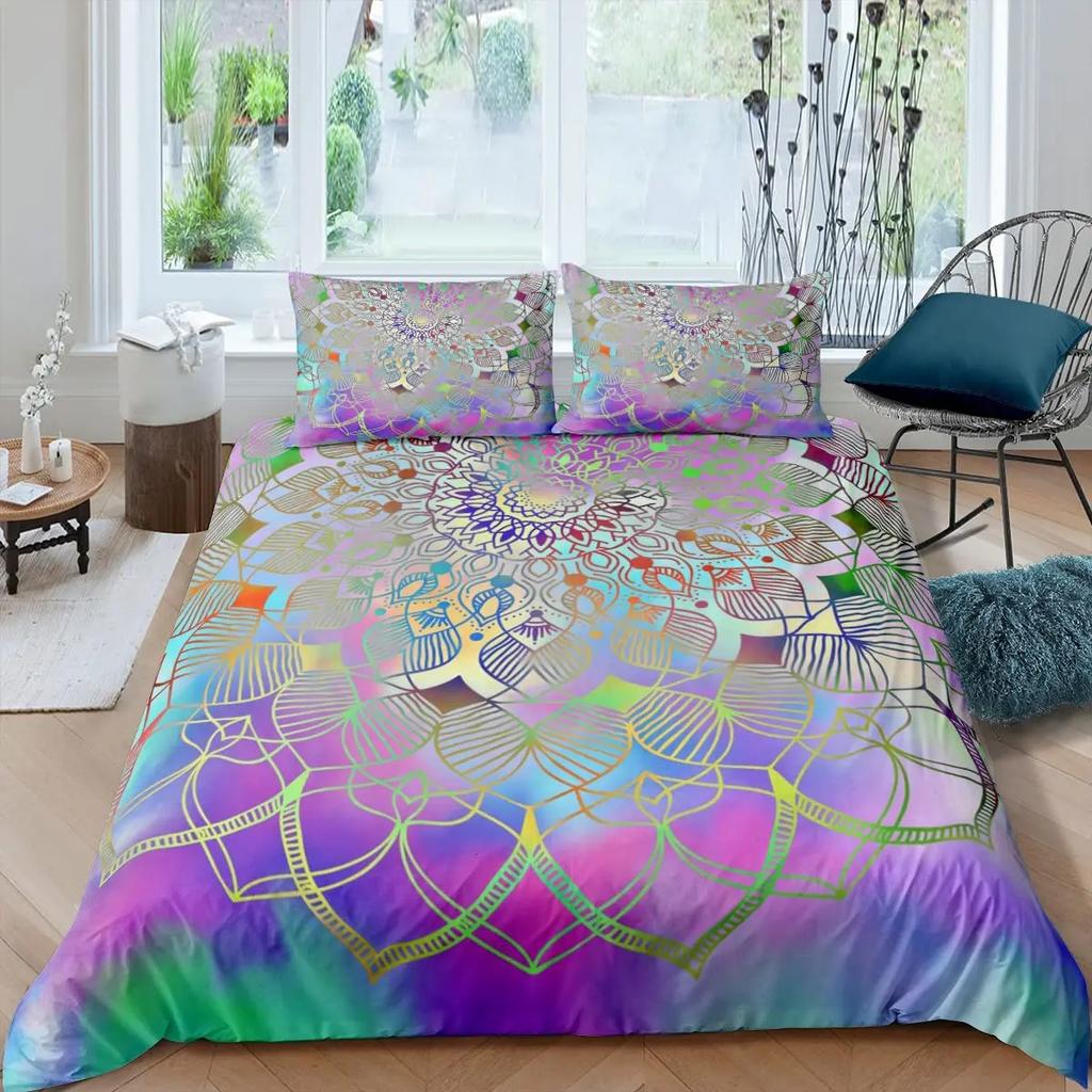Neon Mandala Duvet Cover Set Full Queen Boho Hippie Bedding Set Ancient Mayan Calendar 3D Print Abstract Comforter Cover 2/3Pcs