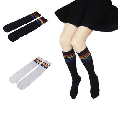 Thigh High Socks Over Knee Rainbow Stripe Girls Football Sport Socks Black White