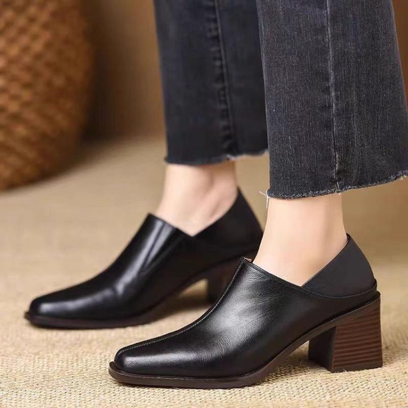 2025 Fashion Genuine Med Chunky Heels Pumps for Women Square Toe Med Heels Deep Mouth Pumps Female Work Shoes