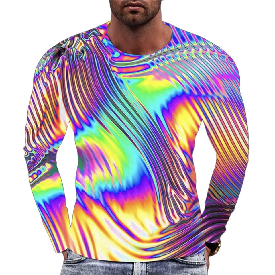 Geometric Pattern 3D Printed Men's T-shirts Street Casual Long Sleeved T-shirt Round Neck Pullover Top