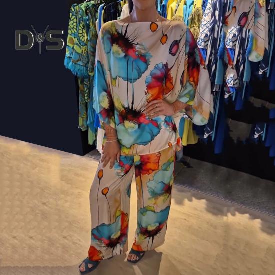 2 Pcs/Set Women Top Pants Set Bright Color Floral Print Three Quarter Bat Sleeves O Neck T-shirt Wide Leg Deep Crotch Elastic Waist Loose Casual