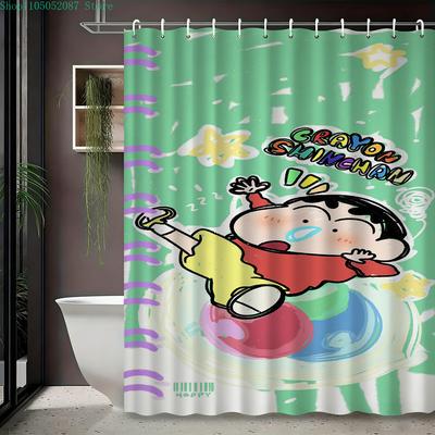 Crayon Shin-Chan Graffiti Style Jumping Cartoon 2D Print Waterproof Shower Curtain, Macaron Green With Star & Color Splash Bathr