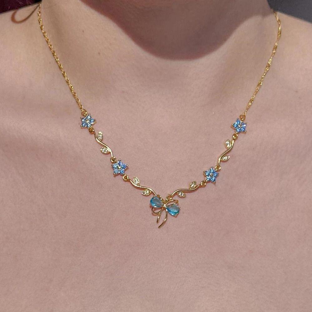 Flower Bow Necklace Pendant Shiny Pendant Chain Delicate Bowknot Rhinestone Necklace  Holiday