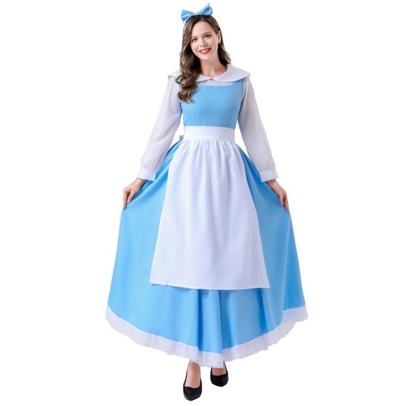 Halloween Princess Belle Cosplay Costume Belle Village Pastoral Dress Blue Maid Dress