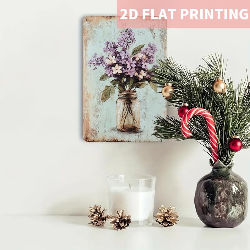 Room Decor 1pc Vintage Floral Iron Sign, Rustic Lilac and Daisy in Mason Jar Art, 8x12 Inch Wall Decor for Bedroom, Dining Room,