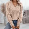 Women's Fashion Casual Loose Solid Color Pullover Retro Cable V-Neck Long Sleeve Knit Sweater