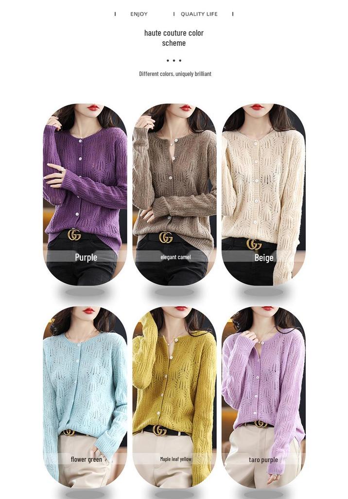 Women's Fashionable Autumn Wool Cardigan Coat - Round Neck, Knit, Hollow Design Cashmere Sweater