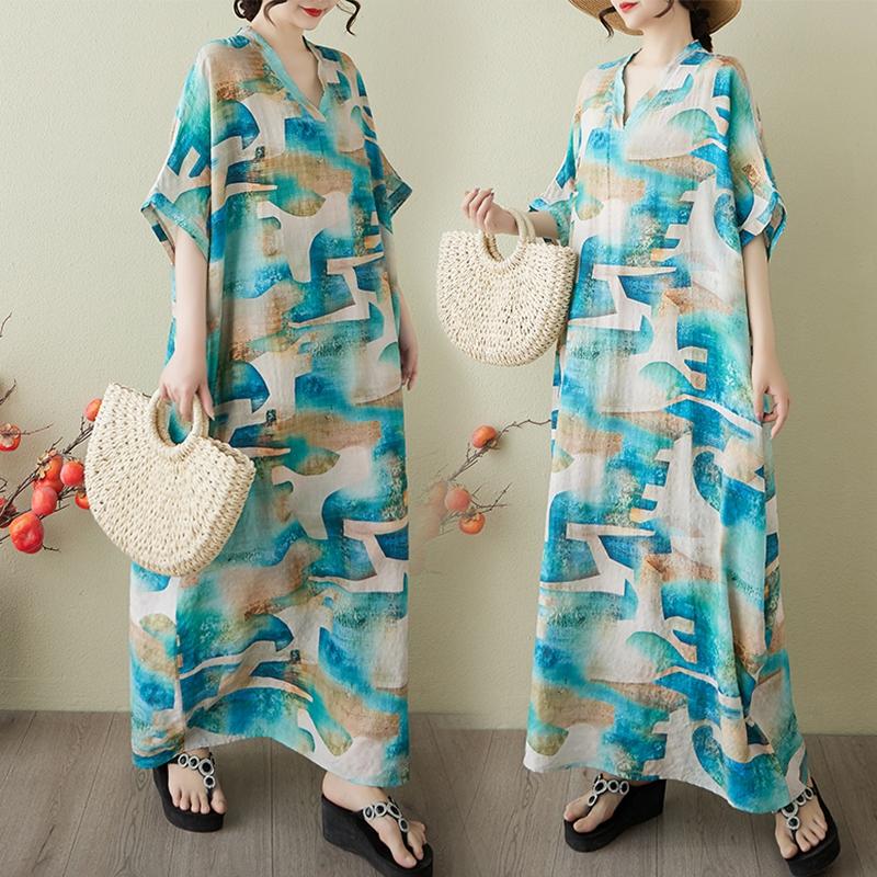 DIMANAF 2025 Lato Plus Size Nowa Sukienka Kobiety Vintage Długa Codzienna Luźna Podstawowa z Nadrukiem Dekolt w Serek Sukienka Maxi