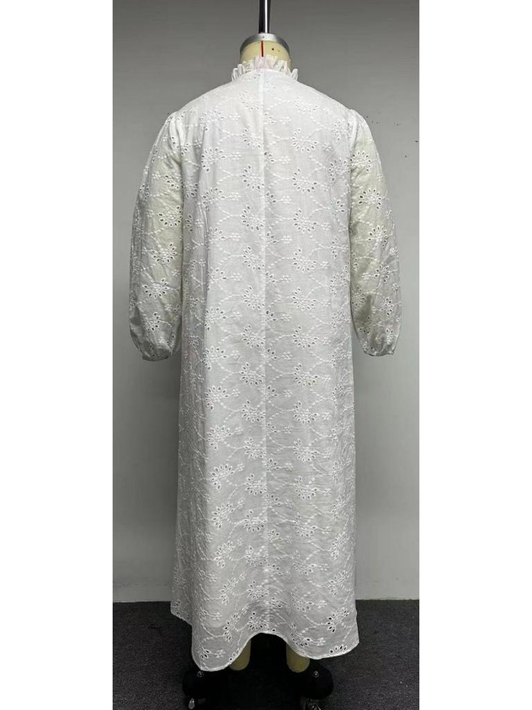 Plus Size V-neck Embroidered Lantern Sleeve Casual Dress