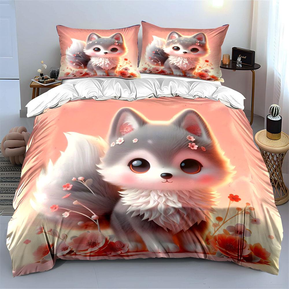 Adorable Fox-Themed Pink Floral Set Exquisite Three-Piece Bedding Set Gift For Kids And Adults