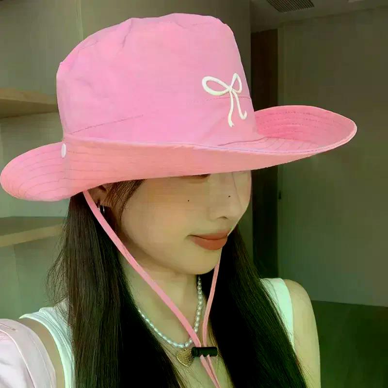 1Pcs Summer Hiking Camping Caps Fashion Bow Embroidery Quick Dry Bucket Hat Wide Brim Fordable Sunscreen Y2K Hats Girl Women