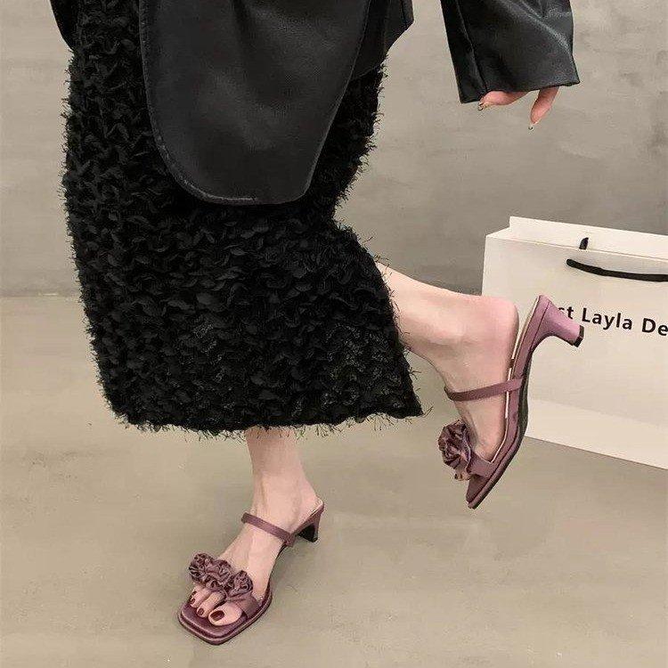 2024 New Summer Fairy Style High-heeled Small Cool Slippers Wearing Purple One-word Drag French Sandals Women's Shoes