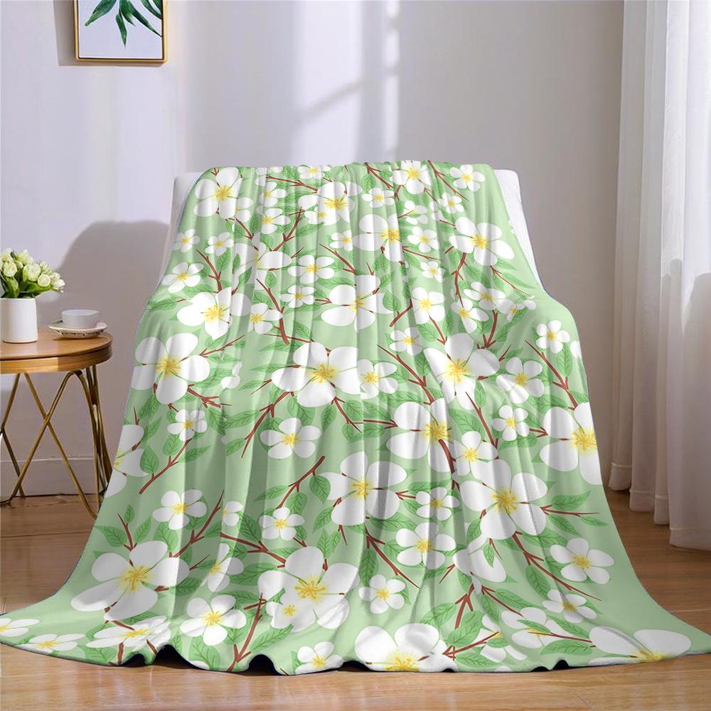 Pale Green Blossom Twig Flannel Blanket Warm Soft Halloween Christmas Couch Warm Cozy Decorative Decor Gift for All Season