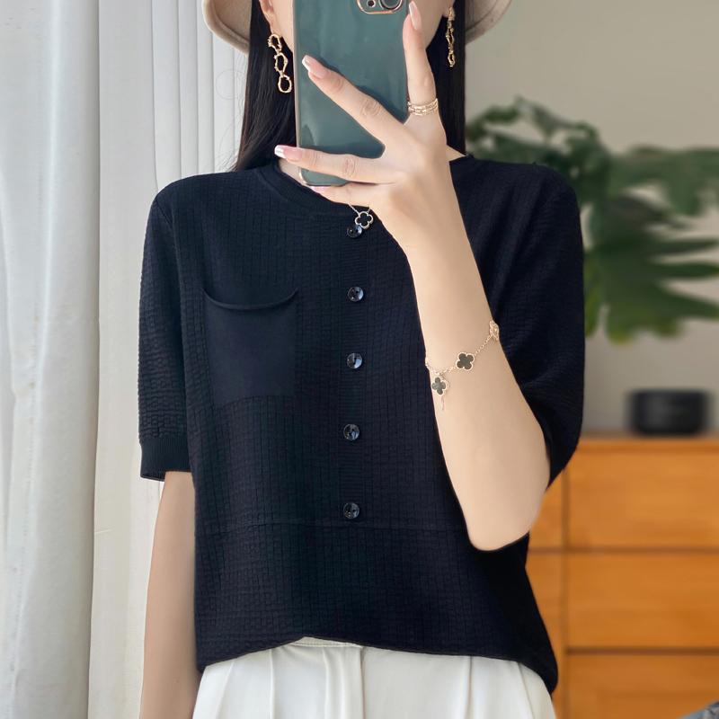 Women Knit T-shirt Summer Knitted Shirt Short Sleeve Tees O-neck Pullover Knit Tops Female