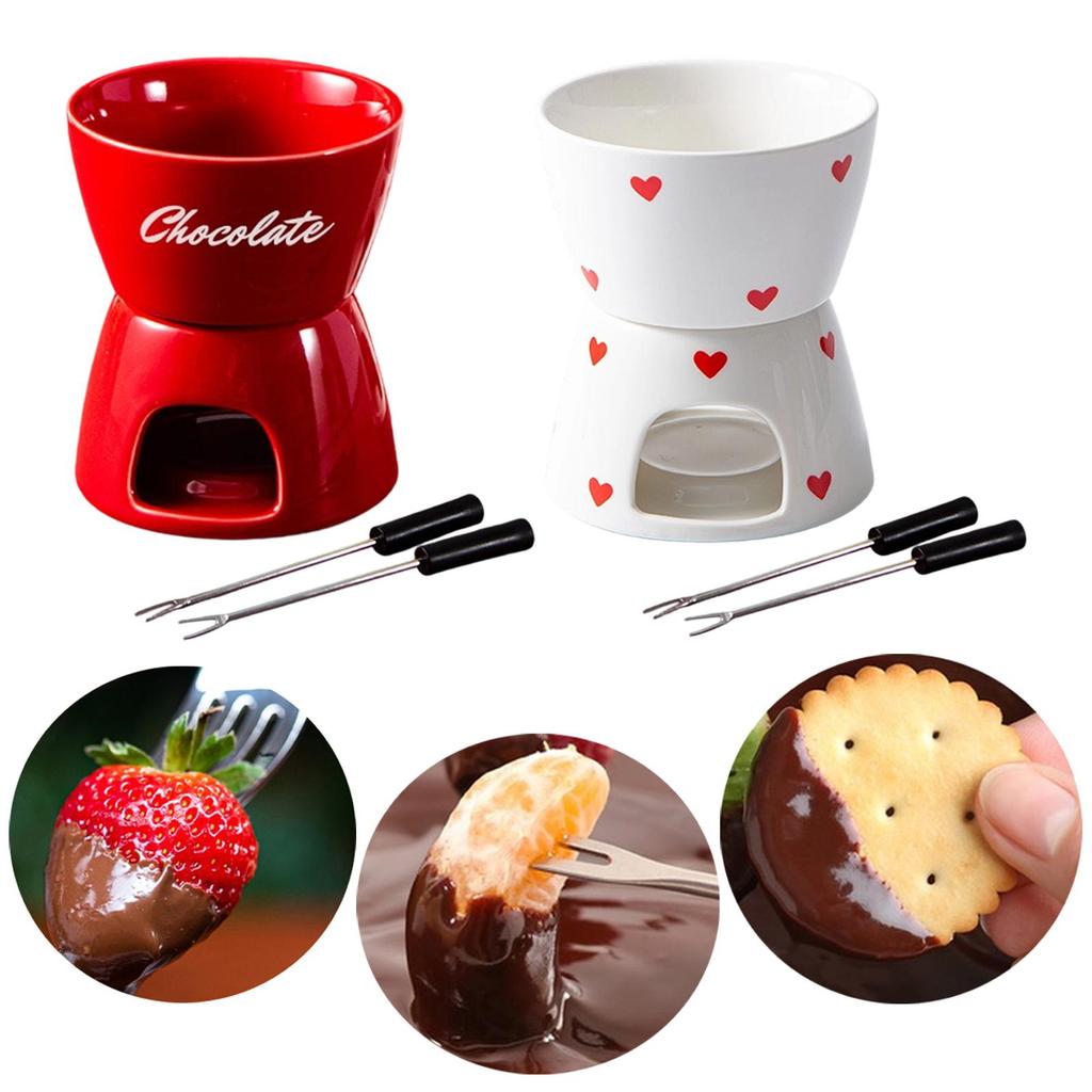 Porcelain Chocolate Fondue Pot Ceramic Cheese Warmer Fondue Cup Set with Fork for Snack Party and Home Cooking