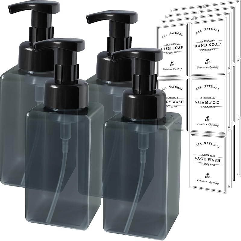 Foaming Soap Dispenser, 4 Pack Refillable Foam Soap Dispenser (Dark Grey) with 20 Pcs Waterproof Labels, Plastic Hand Soap Dispenser Pump Bottle 4pack Dark Gray