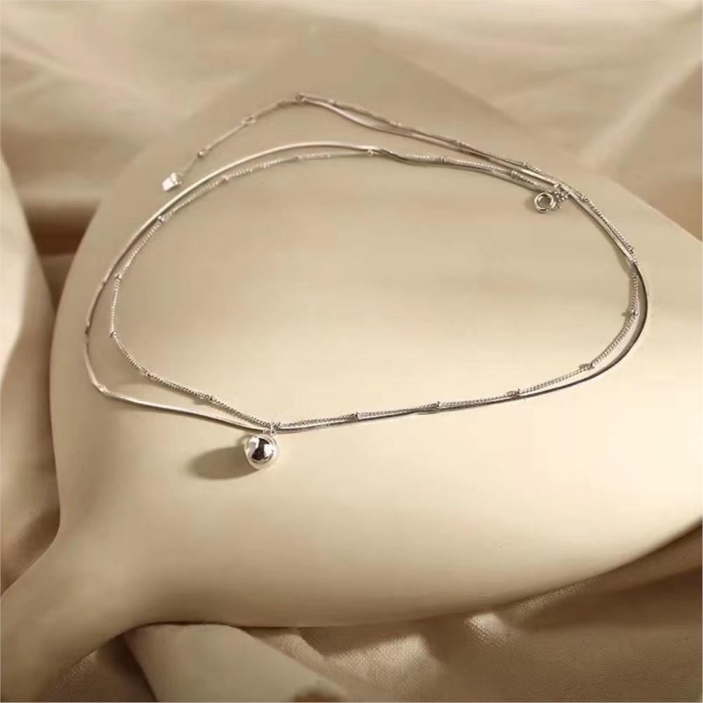 PANJBJ 925 Silver Circle Ball Necklace for Women Versatile Clavicle Chain Double Layer Versatile Office Minimalist Jewelry Gift