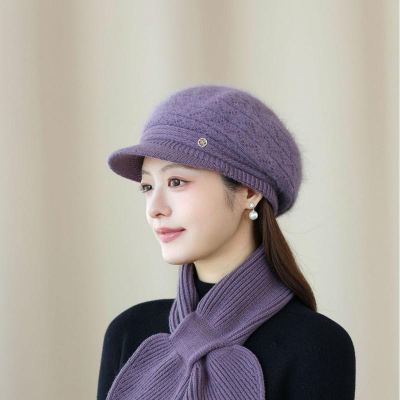 Warm Knit Beanie Hat Women Seniors Rabbit Fur Blend Winter Cap With Adjustable Fit Short Brim