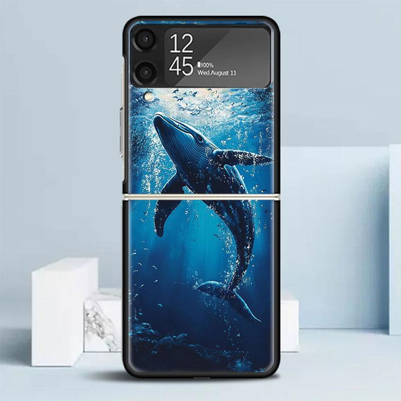 Humpback Whale Sea Giant Black Cover for Samsung Galaxy Z Flip 7 6 5 4 3 5G Phone Case Flip7 Flip6 Flip5 Flip4 Flip3 Pattern Cas
