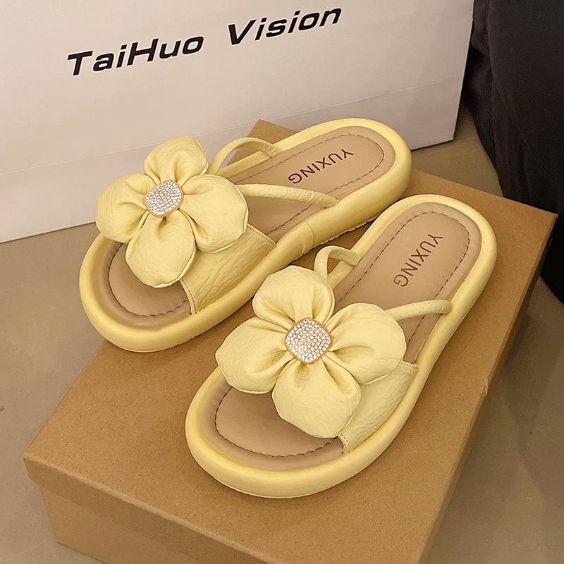 

Minimal Round Head Women Slippers Cute Flower Decoration Thick Sole Shoes Elegant Dress Daily Versatile Ladies Sandals 40 жовтий