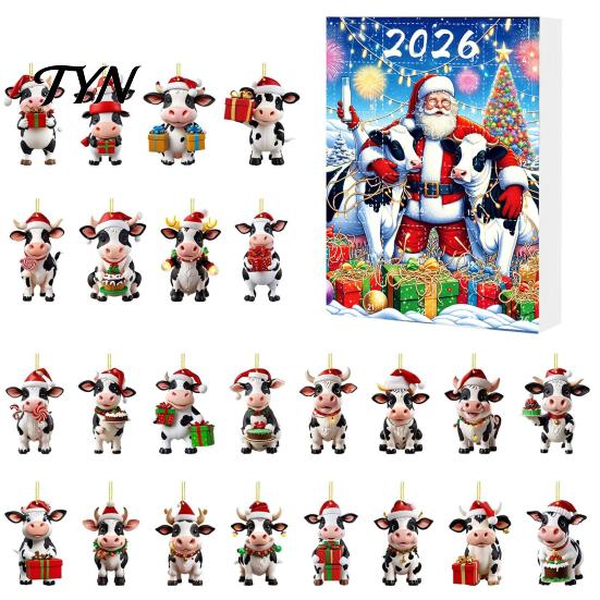2026 Holiday Atmosphere Gift Set Christmas Cow Ornament Advent Calendar 2026, 24 Days 2D Acrylic Hanging Pendant Flat for Car Rearview Mirror