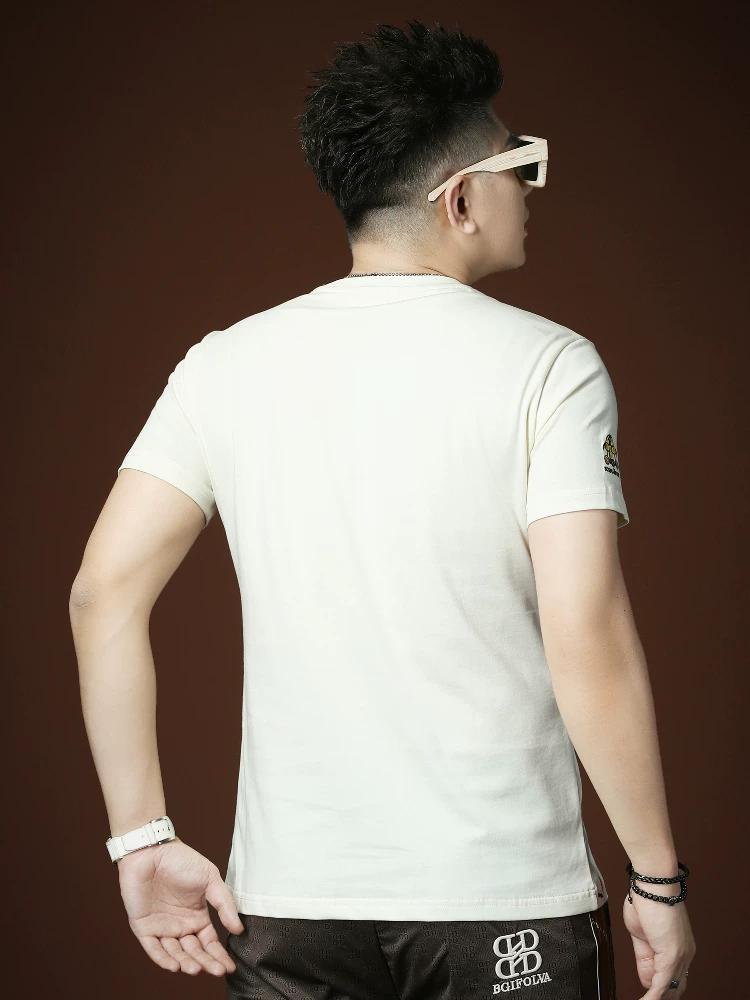 European Trendy Brand Splash-Ink Embroidered T-Shirt for Men, Short-Sleeve, Summer 2025 New Style, Light Luxury Men's Round-Neck Half-Sleeve Tee