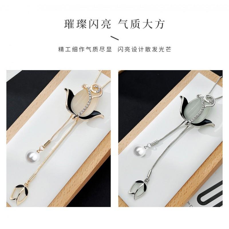 Elegant Long Pendant Necklace With Tulip Cats Eye Stone Flower Design Women Gold Or Tone Alloy Snake Chain 81cm