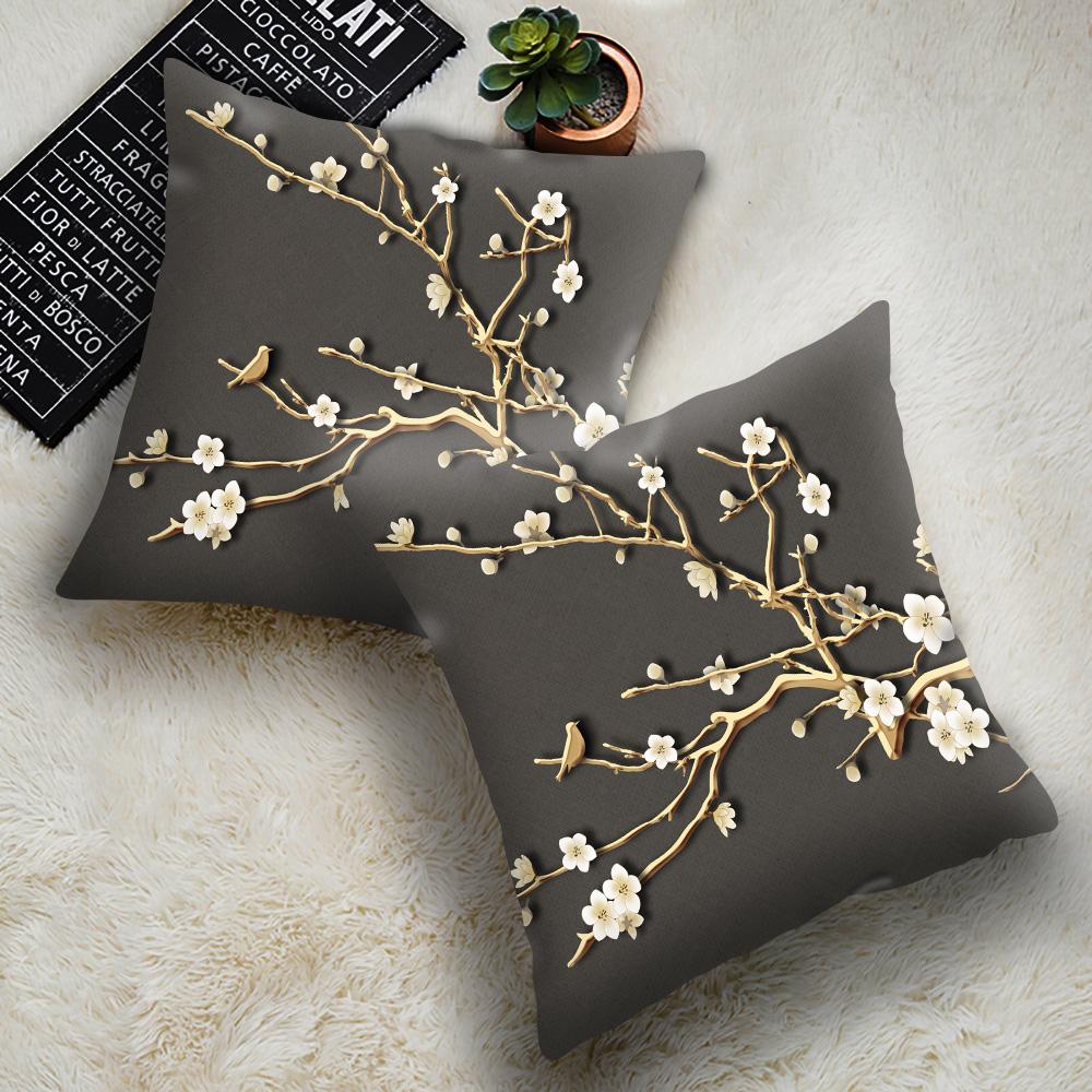 Square Chinese Landscape Painting Cushion Cover Vintage Plum Blossom Pillowcase