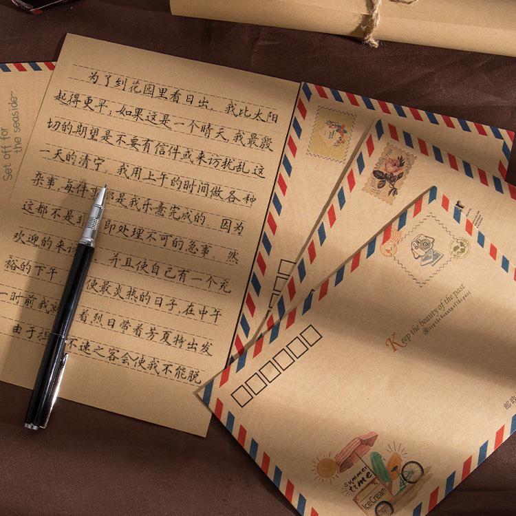 Kraft Paper Retro European Style Airmail Envelope & Stationery Set with Postcards and Greeting Cards In White