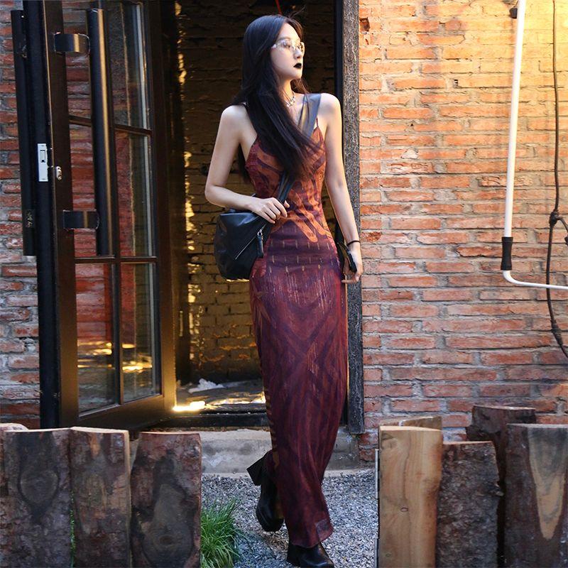 

Gusty Original Retro Style Vintage Mesh Camisole Long Dress for Women 2025 Summer Trendy Cool Sexy Fried Street Dress Brown S